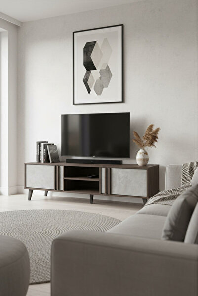 MARIA HOMES Modern BROWN&GREY TV table with Concrete Panel Doors & Open Stora...