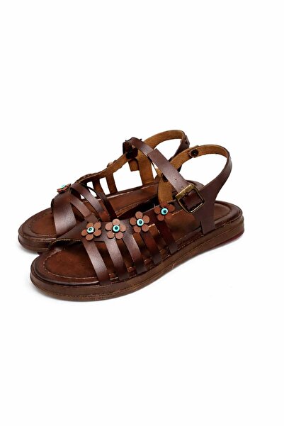 RoseVeno Women's Tan Floral Leather Tozu Bodrum Sandals