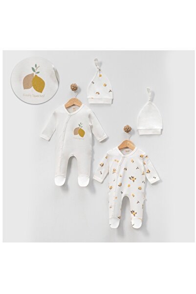 Minisse Unisex Bebek 0-3 Ay 3-6 Ay Limon Baskılı 4 Parça Şapkalı 2’li Tulum Seti