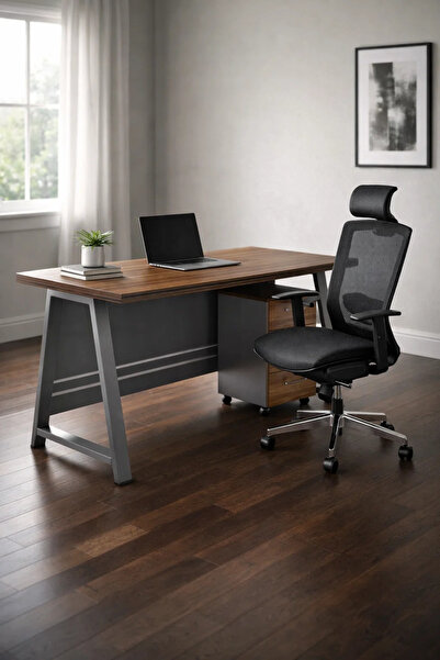 MARIA HOMES Modern Grey Office Desk with Wooden Top and Storage Drawer – Comp...