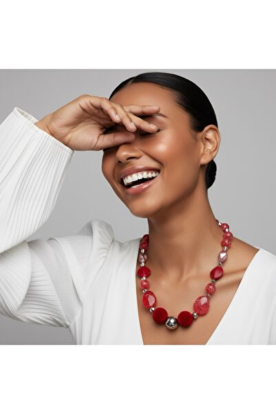 COCOSH TAKI Red Stone Silver Color Detailed Special Design Necklace