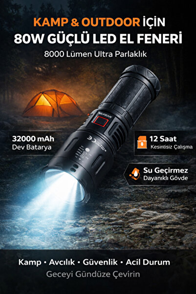 Edison 80W Şarjlı LED El Feneri 8000 Yüksek Lümen 32000 mAh Zoomlu 5 Mod Büyü...
