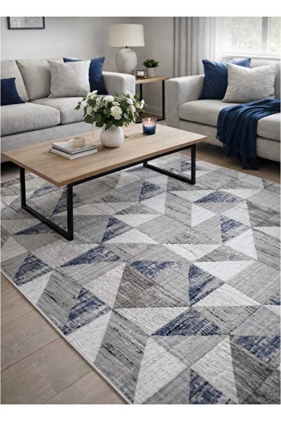 Nesrin KAYMAZ JEL TABAN MODERN KESME YOLLUK SALON HALISI KOYU GRİ MAVİ ÜÇGENLİ