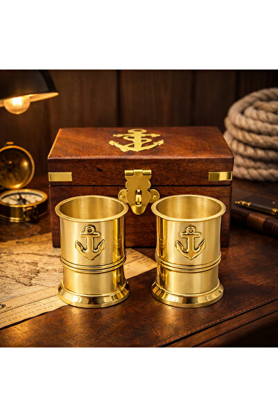 hediyeconcepti Set of 2 Brass Shot Glasses with Wooden Box – Sailor-Themed Lu...