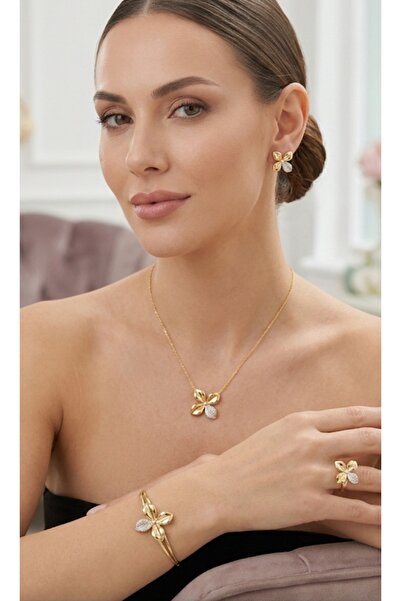 JEWELRY Nerez Accessories Lotus Çiçeği Altin Kaplama 4 lü Taki Seti Kolye & K...