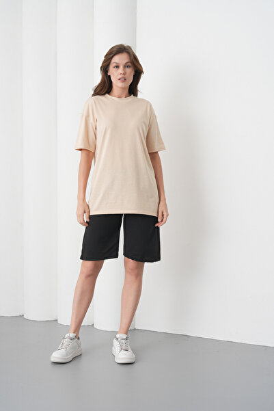 caddekombin Women's Beige Black Cotton Piece Combed Cotton Short Sleeve Pocke...