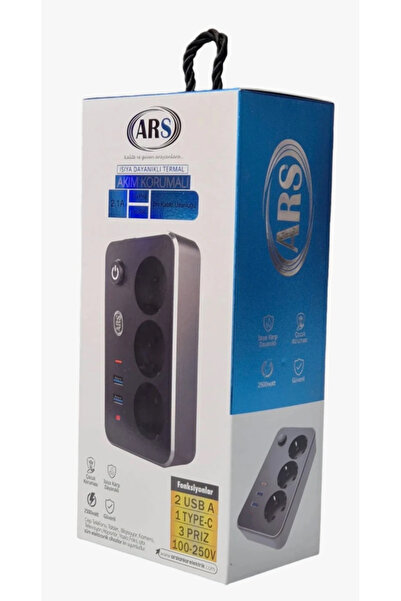 Ars 2 Usb + Type-C Akım ve Çocuk Korumalı 3lü Kare Priz 2mt