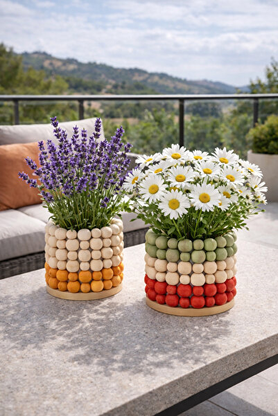 Marrone İkili 20 Cm Ahşap Vazo Çok Renkli Bohem Tarz