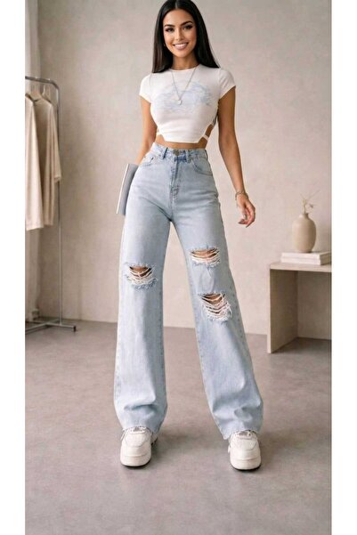 Trn JNS Carla Stretch Fabric Women's Light Blue Snow Wash Ripped Super High W...