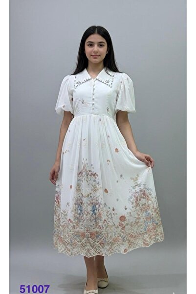 Rawai Roma White floral girl's dress with embroidered collar and buttons