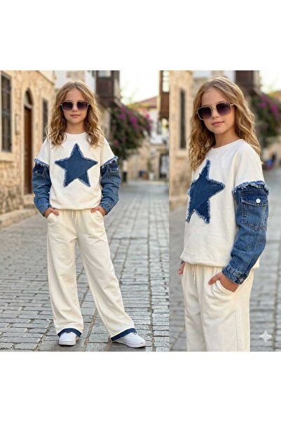 efsaca Kız çocuk bayramlık -Jean kollu yildizli beyaz takim-Denim garnili eşo...