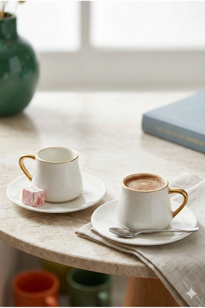 Homerest Premium Gold Gilded White Ceramic Turkish Coffee Cup Set for 2 People