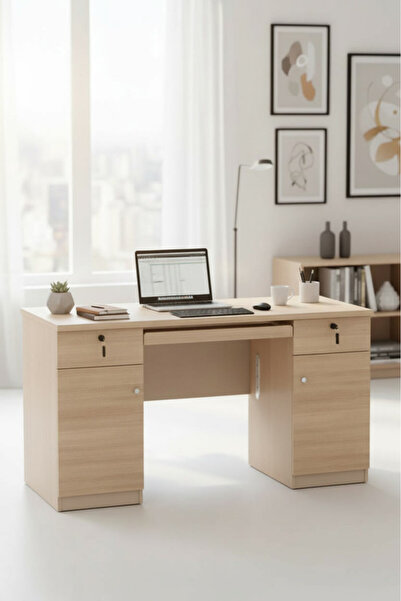 MARIA HOMES مكتب عصري من الخشب الفاتح مزود بأدراج تخزين