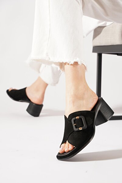 Moda Pie Nefren Yan Buckled Cross Genuine Leather Women Slipper Black Suede