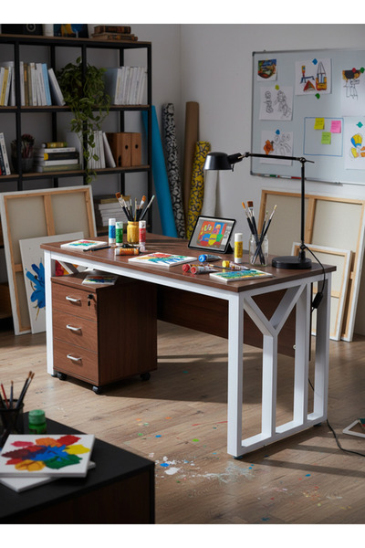 MARIA HOMES Modern Wooden LIGHT BROWN Office Desk with White Metal Frame & Mo...