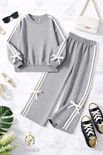 SİNREZ Girls' O-Neck Sweatshirt Suit with Bow Detail