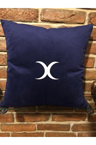harmony factory Double Crescent Moon Embroidered Navy Blue Velvet Cushion Cov...
