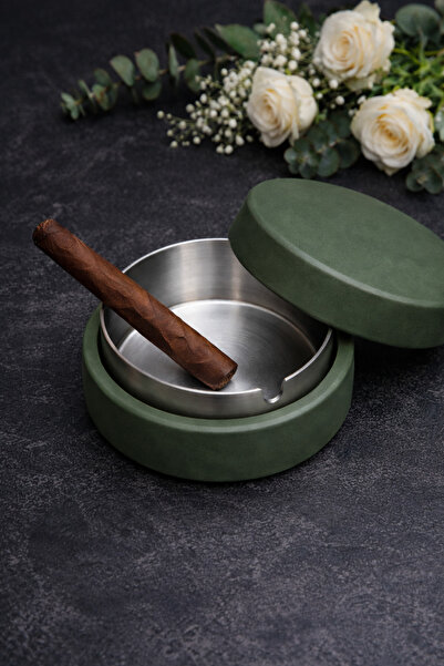 VOLIN Minimal Tasarım Beton Kapaklı Paslanmaz Çelik Kül Tablası Haki Renk Kok...