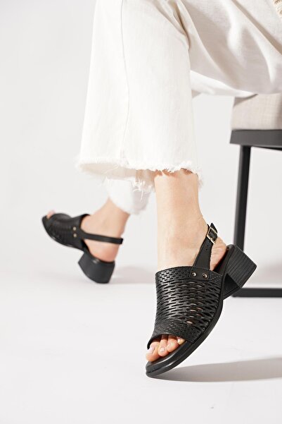 Moda Pie Sanny Laser Back With Scarf Genuine Leather Women Sandals Black