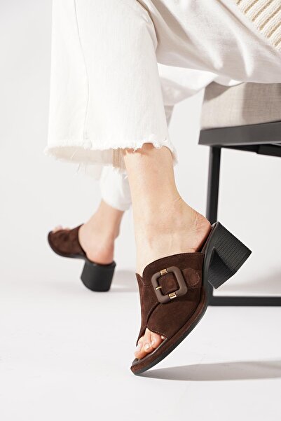 Moda Pie Nefren Yan Buckled Cross Genuine Leather Female Slipper Coffee Suede
