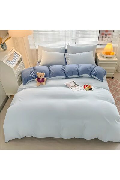 iTin 3-piece blue double bed linen set, hypoallergenic, two-sided, premium Po...