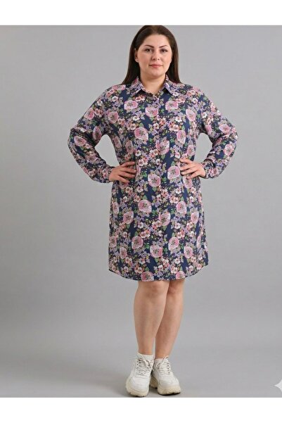 Polologin Butik Plus Size Navy Blue Floral Patterned Shirt Dress - Pink Flora...