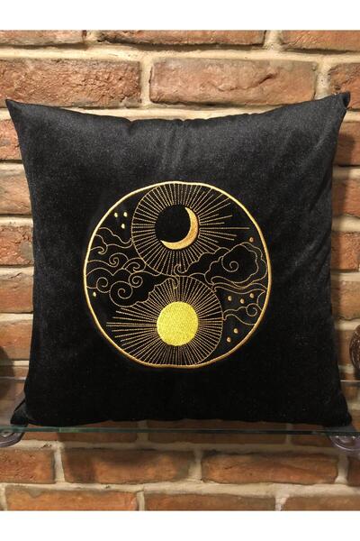 harmony factory Sun Moon Embroidered Black Velvet Cushion Cover 40X40 Celesti...