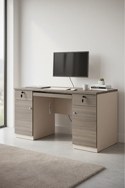 MARIA HOMES مكتب عصري من الخشب الداكن مع مساحة تخزين