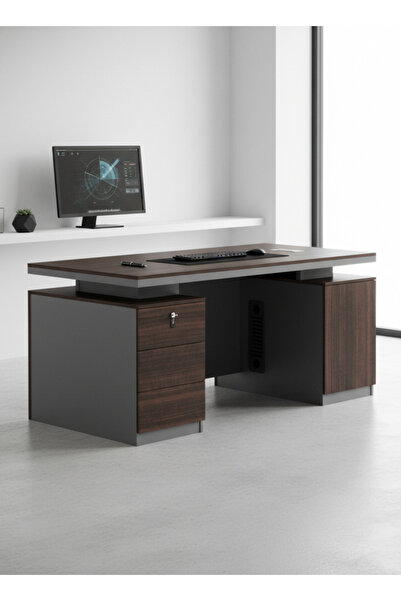 MARIA HOMES مكتب تنفيذي عصري باللون البني الداكن مزود بدرج ونظام إدارة الكابلات