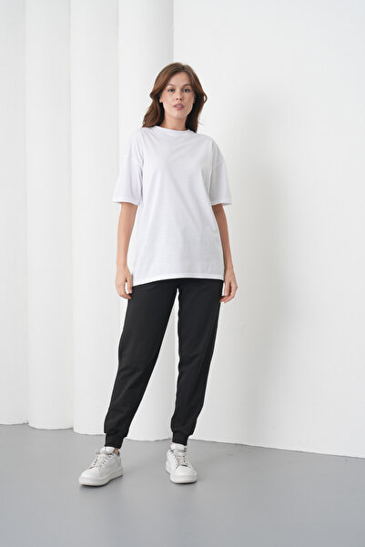 caddekombin Women's White-Black Cotton Pack Crew Neck T-Shirt Pocketed Jogger...