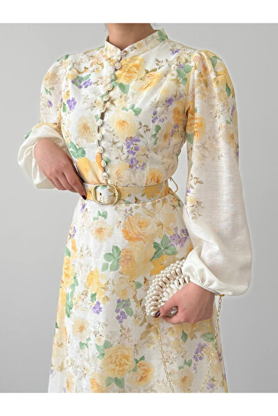 Berf Yellow Floral Print Button Detailed Belt Piece Premium Design K Linen Dress