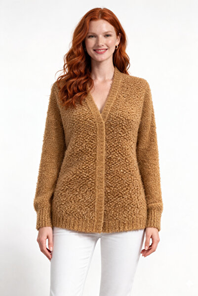 Neden Tekstil Camel Plush Textured V-Neck Long Cardigan