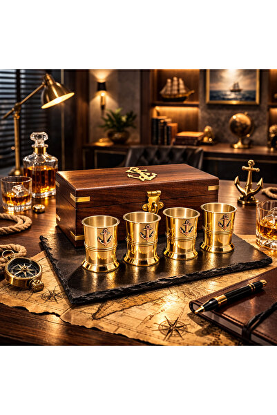 hediyeconcepti Set of 4 Brass Shot Glasses with Wooden Box – Sailor-Themed Lu...