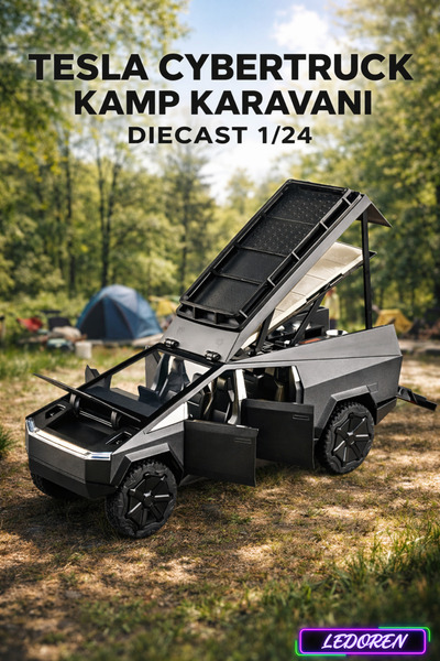 L'eDoren Gri Renkli Tesla Cybertruck Pickup Karavan 1/24 Diecast Koleksiyon M...