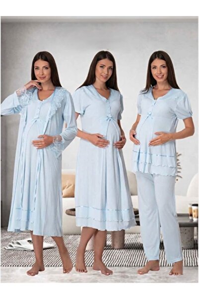 Lohusa Homewear Kadın Mavi Kısa Kol Dantel Detaylı Yazlık Şık Hamile Lohusa S...