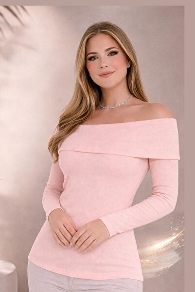 Seamoda Plus Size Madonna Collar Stretch Fabric Rib Knit Blouse-Powder Pink