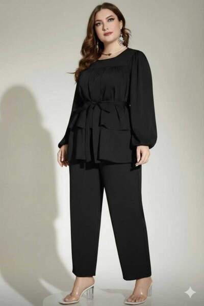 angelino butik Büyük Beden Siyah Kuşaklı Bluz Pantolon Takım 62 Bedene Kadar ...
