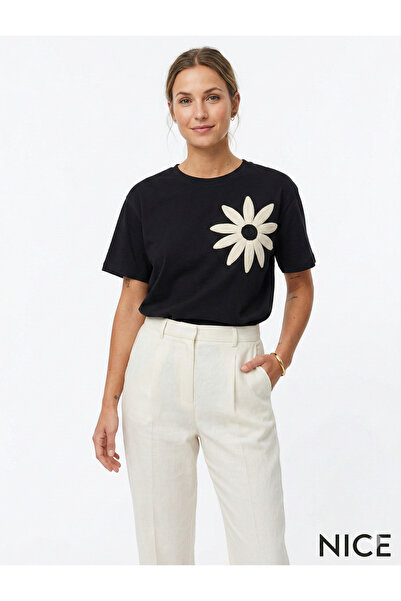 NİCE Футболка з квітковим принтом, стильний трендовий дизайн, для щоденного в...