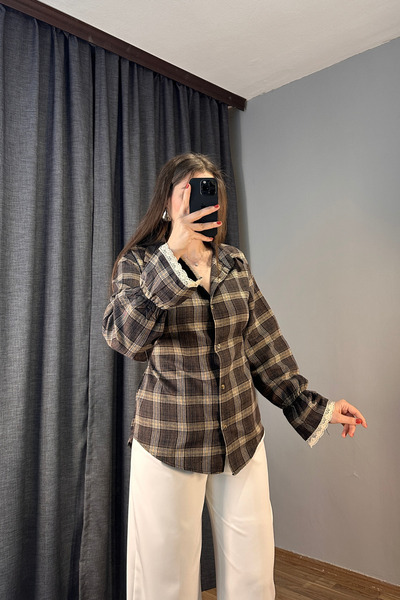 Sorridi Plaid Patterned Sleeves Lace Detailed Back Tie-Detail Shirt