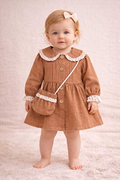 krm kerem bebe Bayramlık Fırfır Detaylı Bebe Yaka Düğmeli Çantalı Kız Bebek E...