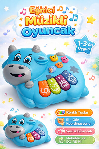 duru cnc print Eğitici Müzikli İnek Piyano Oyuncak 1-3 Yaş | Sesli Renkli Tuş...