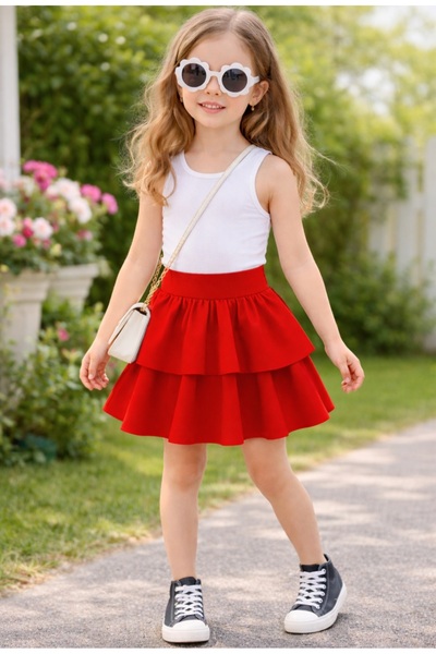 MAROVOAY Girl's 2-Layer Ruffled Flared Skirt