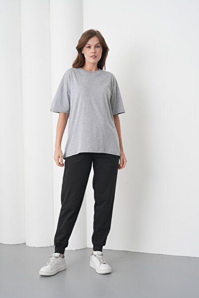 caddekombin Women's Grey-Black Cotton Pack Crew Neck T-Shirt Pocketed Jogger ...