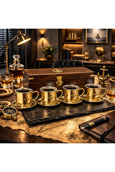 hediyeconcepti Set of 4 Brass Shot Glasses with Wooden Box – Sailor-Themed Lu...