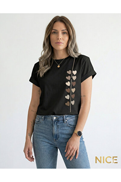 NİCE Жіноча футболка з вишуканим принтом у вигляді маленьких сердечок для щод...