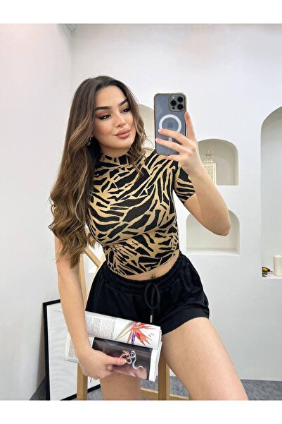 EVOA Women's Patterned Mock Neck Cropped & Blouse