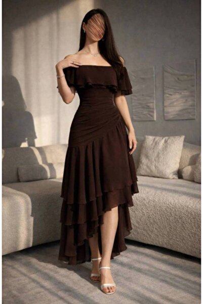 MILANORA Elegant mocha chiffon midi dress for Eid