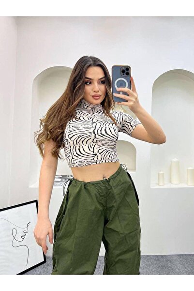 EVOA Women's Patterned Mock Neck Cropped & Blouse