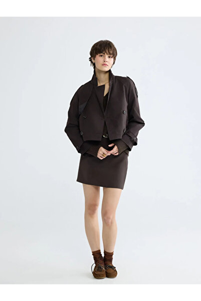 LC Waikiki Xside Brown Double-Breasted Collar Cropped Women's Trench Coat