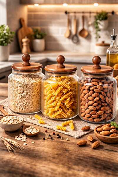 welcomein 3’lü Cam Saklama Kavanoz Seti Ribbed Tasarım Ahşap Kapaklı – Bakliy...